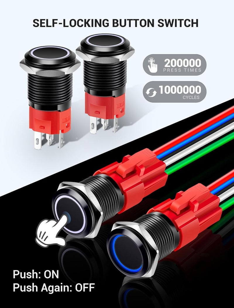 SARDVISA 2PCS 16mm Latching Push Button Switch, 12V DC On Off Self-Locking with Wire Socket Plug, Power Button Switch with LED Angel Eye Head for 0.63" Mounting Hole (Blue LED/Black Shell) - Image 5